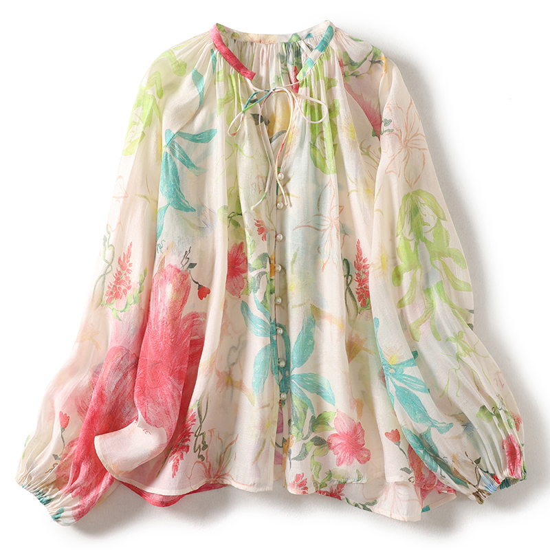 Tie Front Shirt - Camisa fina estilo bohemio floral para