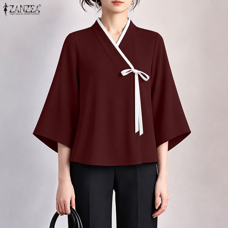 Tie Front Shirt - ZANZEA Blusa cruzada con cuello en