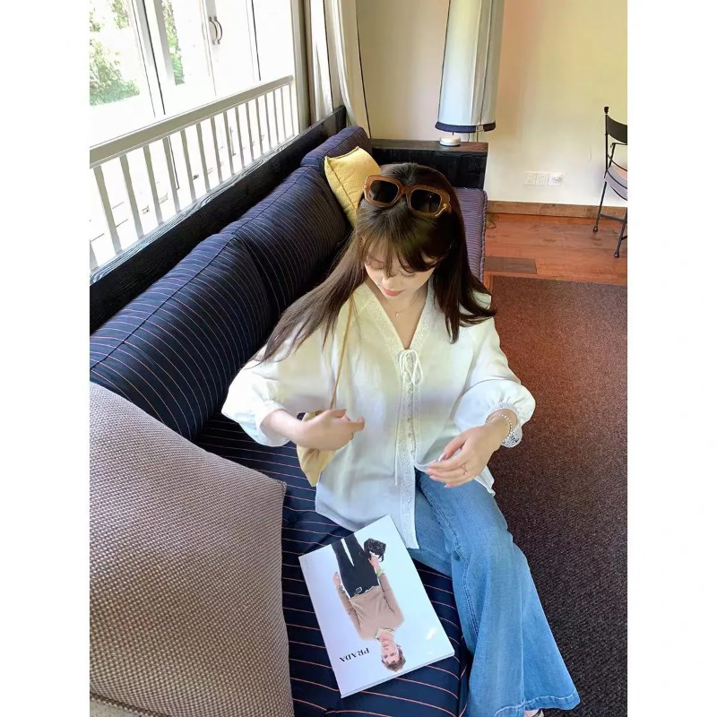 Blusa verde claro con cuello e - Tie Front Shirt reseña y precio