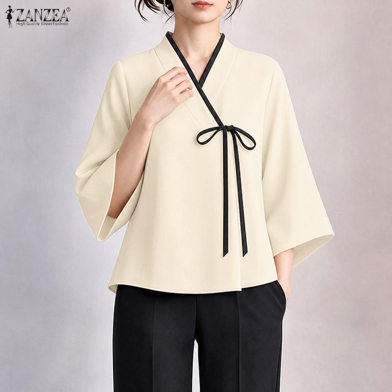ZANZEA Blusa cruzada con cuell - Tie Front Shirt reseña y precio