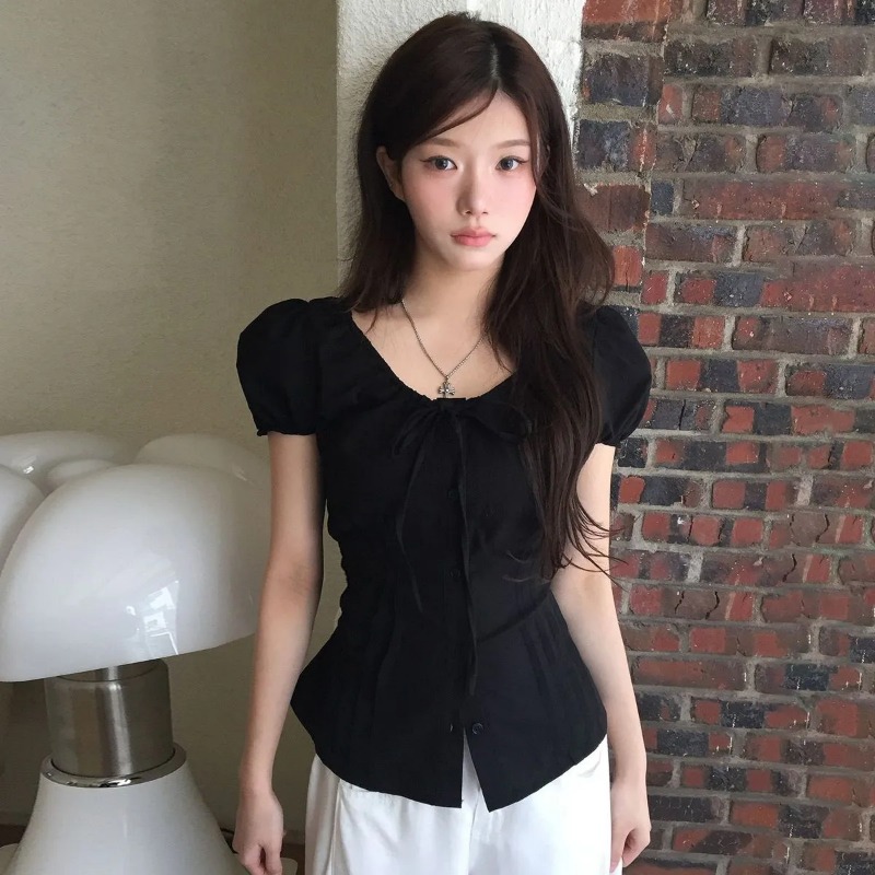Blusa Negra de Manga Abullonad - Tie Front Shirt reseña y precio